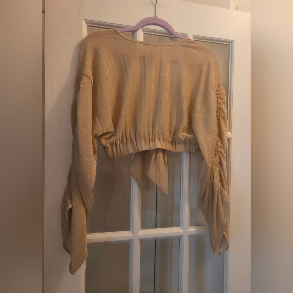 Ramy Brook Alegria Layering Blouse W/ Ruched Sleeves & Cinched Waist- Gold Shim - Picture 5 of 6